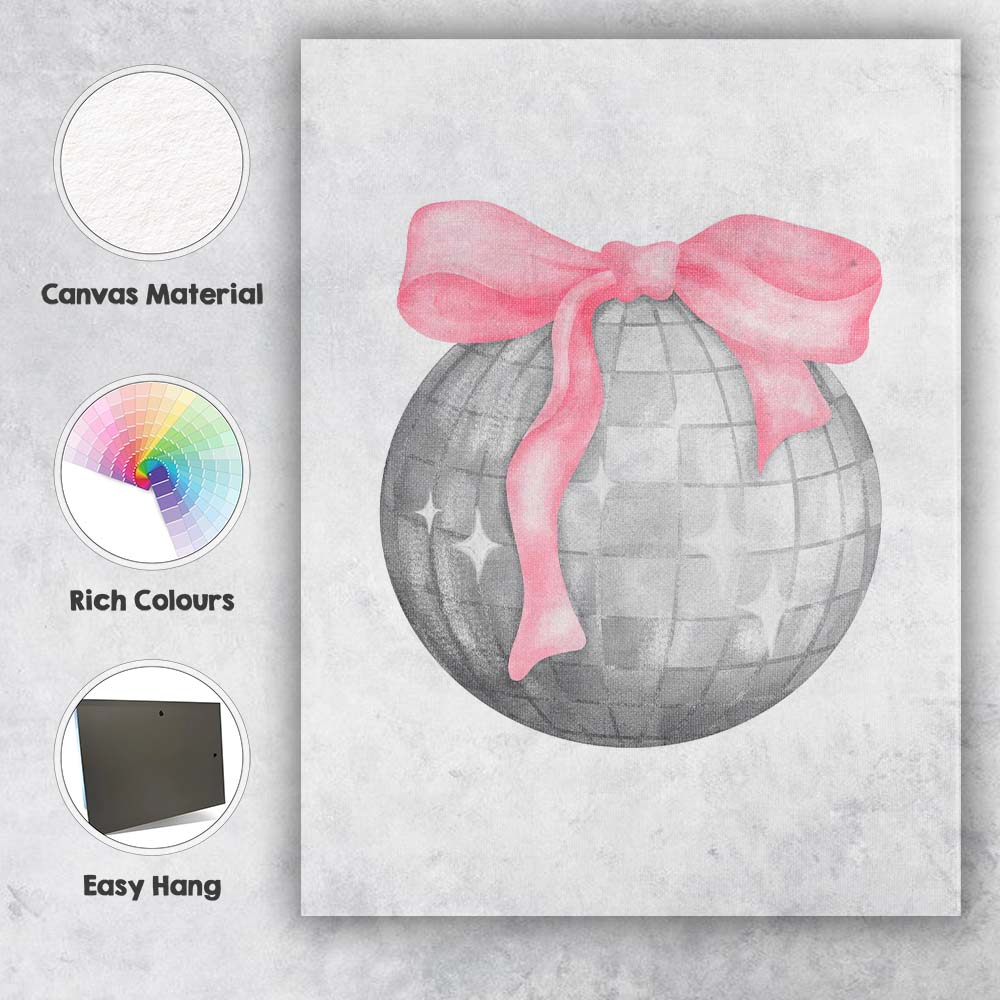Pink Ribbon Disco Ball Coquette Watercolour Illustration Canvas Wall Art Print Decor Picture Ready to Hang
