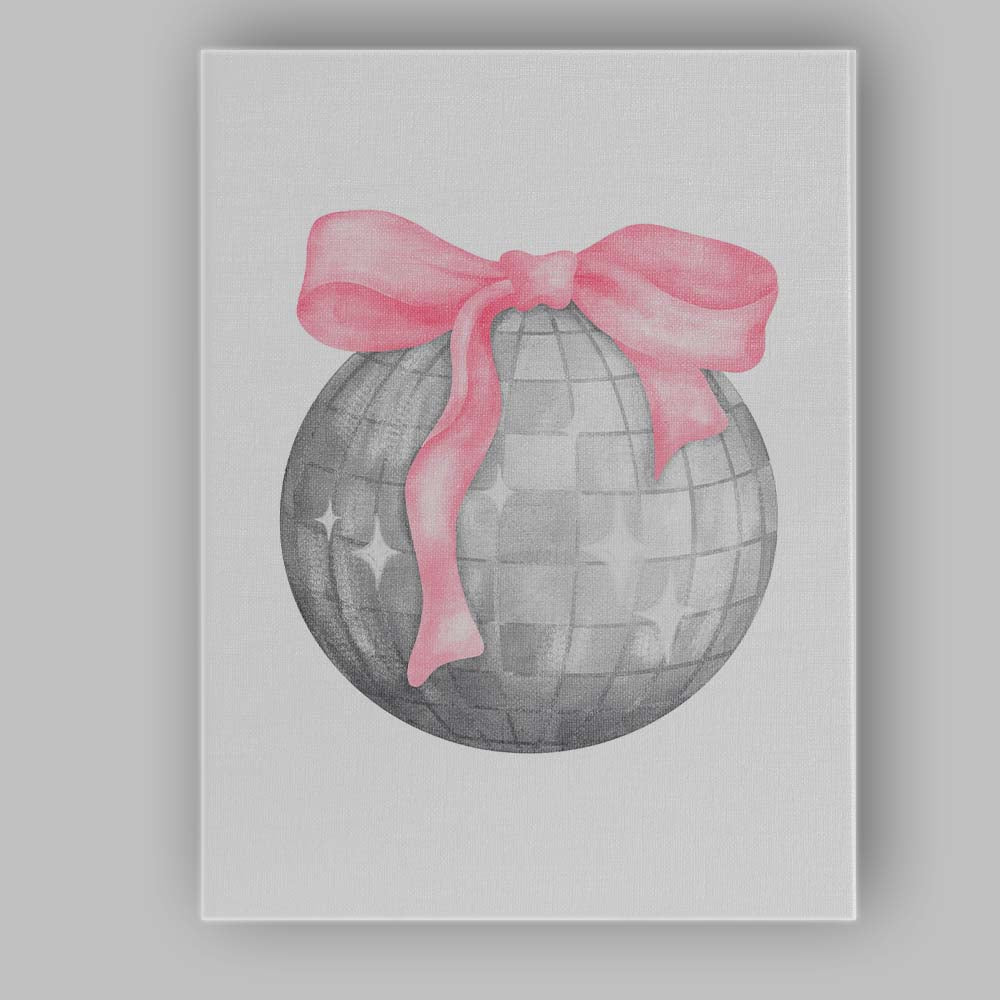 Pink Ribbon Disco Ball Coquette Watercolour Illustration Canvas Wall Art Print Decor Picture Ready to Hang