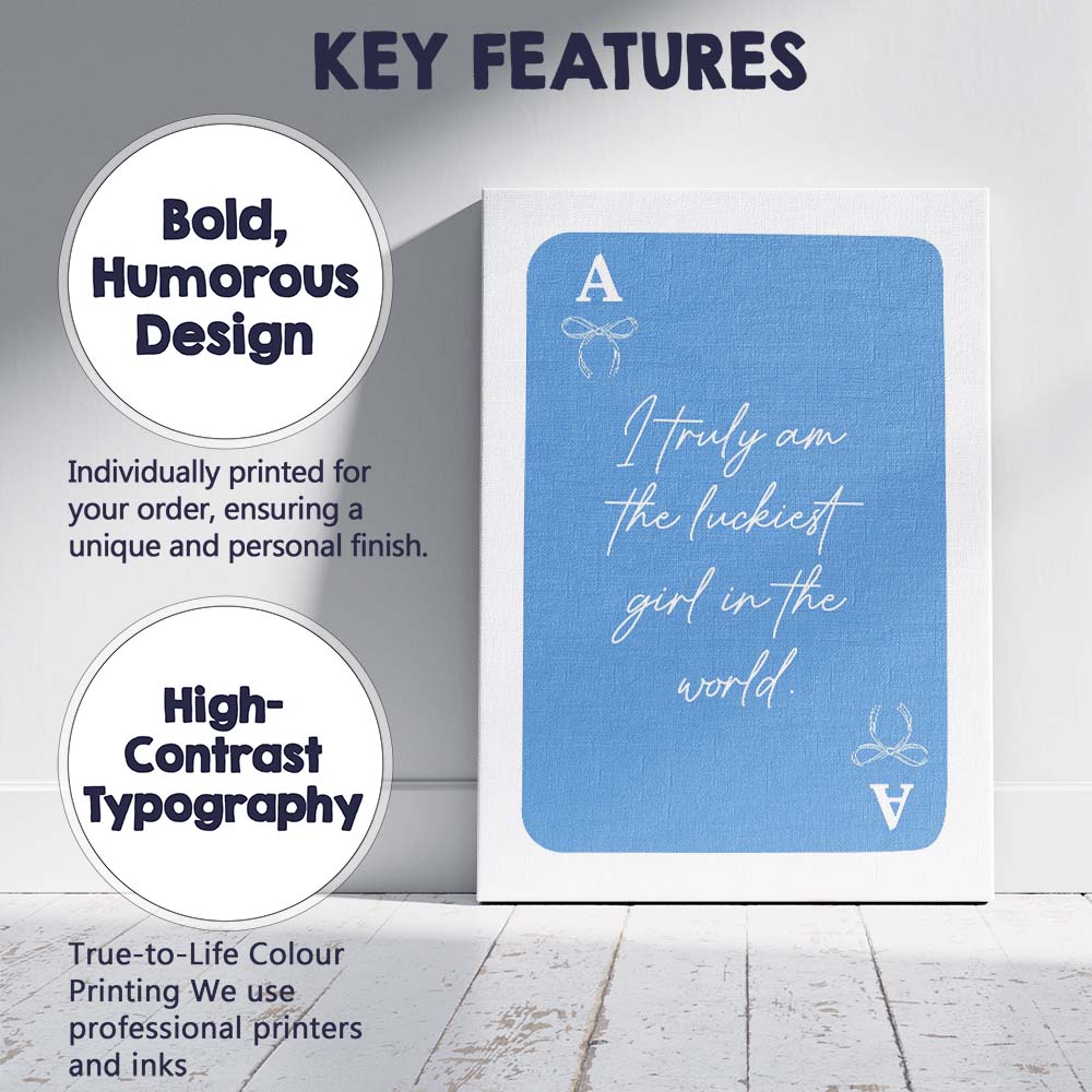 Blue Playing Card Lucky Girl Typography Coquette Canvas Wall Art Print Decor Picture Ready to Hang