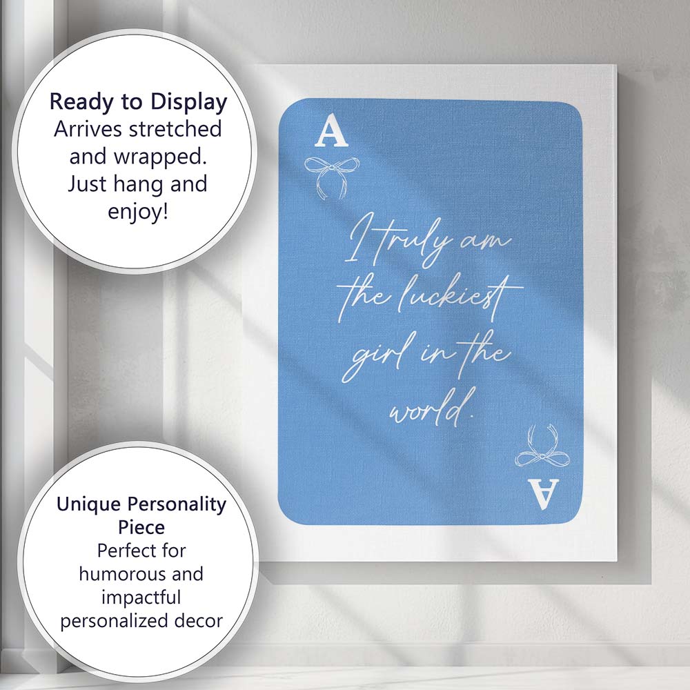 Blue Playing Card Lucky Girl Typography Coquette Canvas Wall Art Print Decor Picture Ready to Hang