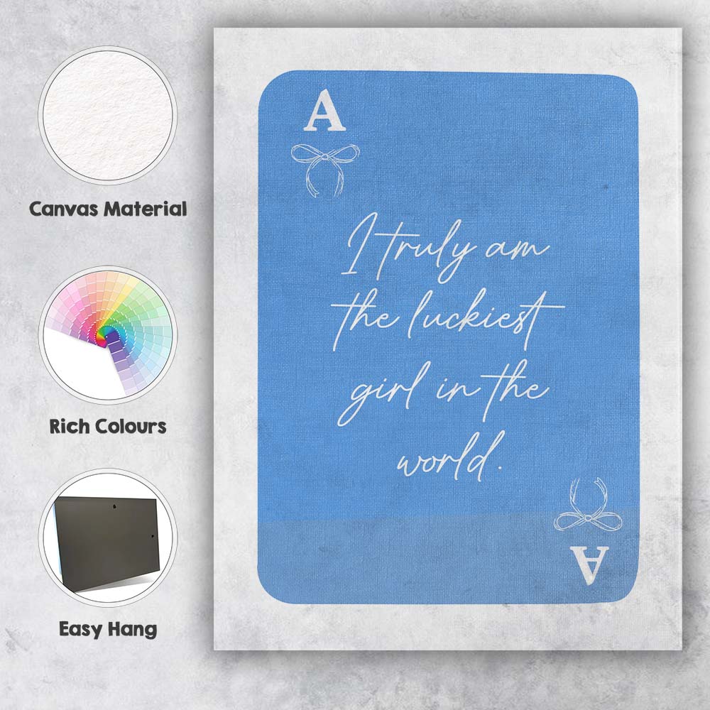 Blue Playing Card Lucky Girl Typography Coquette Canvas Wall Art Print Decor Picture Ready to Hang