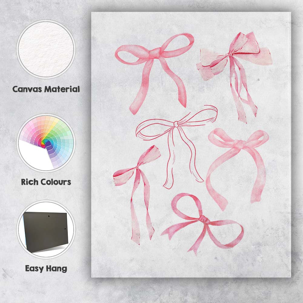 Watercolour Pink Coquette Ribbon Bow Collection Canvas Wall Art Print Decor Picture Ready to Hang