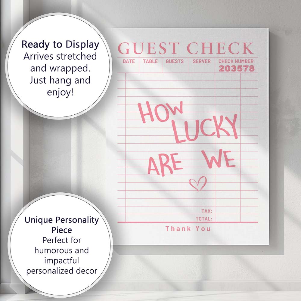 Pink Guest Check Receipt Typography Lucky Quote Canvas Wall Art Print Decor Picture Ready to Hang