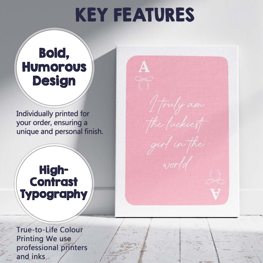 Pink Playing Card Lucky Girl Typography Coquette Canvas Wall Art Print Decor Picture Ready to Hang
