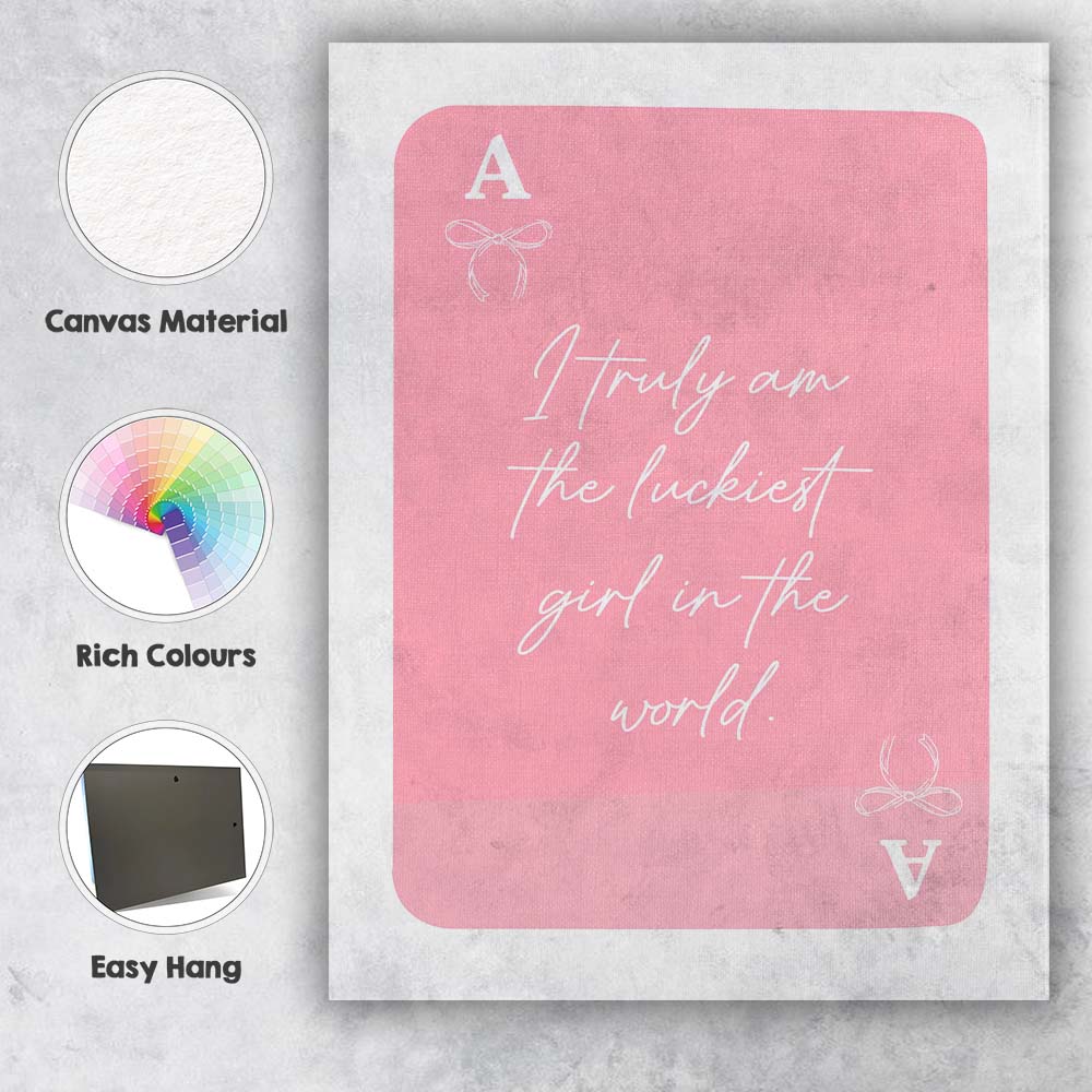 Pink Playing Card Lucky Girl Typography Coquette Canvas Wall Art Print Decor Picture Ready to Hang