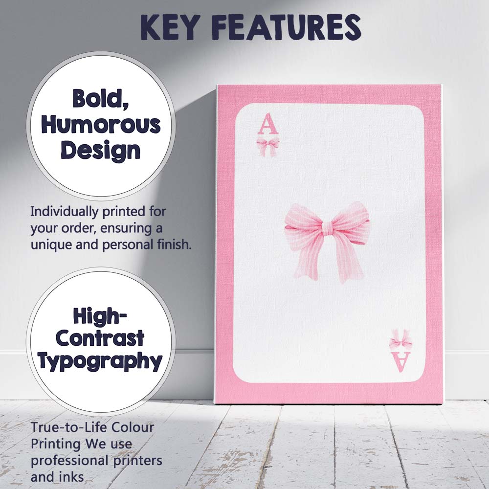 Pink Playing Card Striped Bow Minimalist Coquette Canvas Wall Art Print Decor Picture Ready to Hang