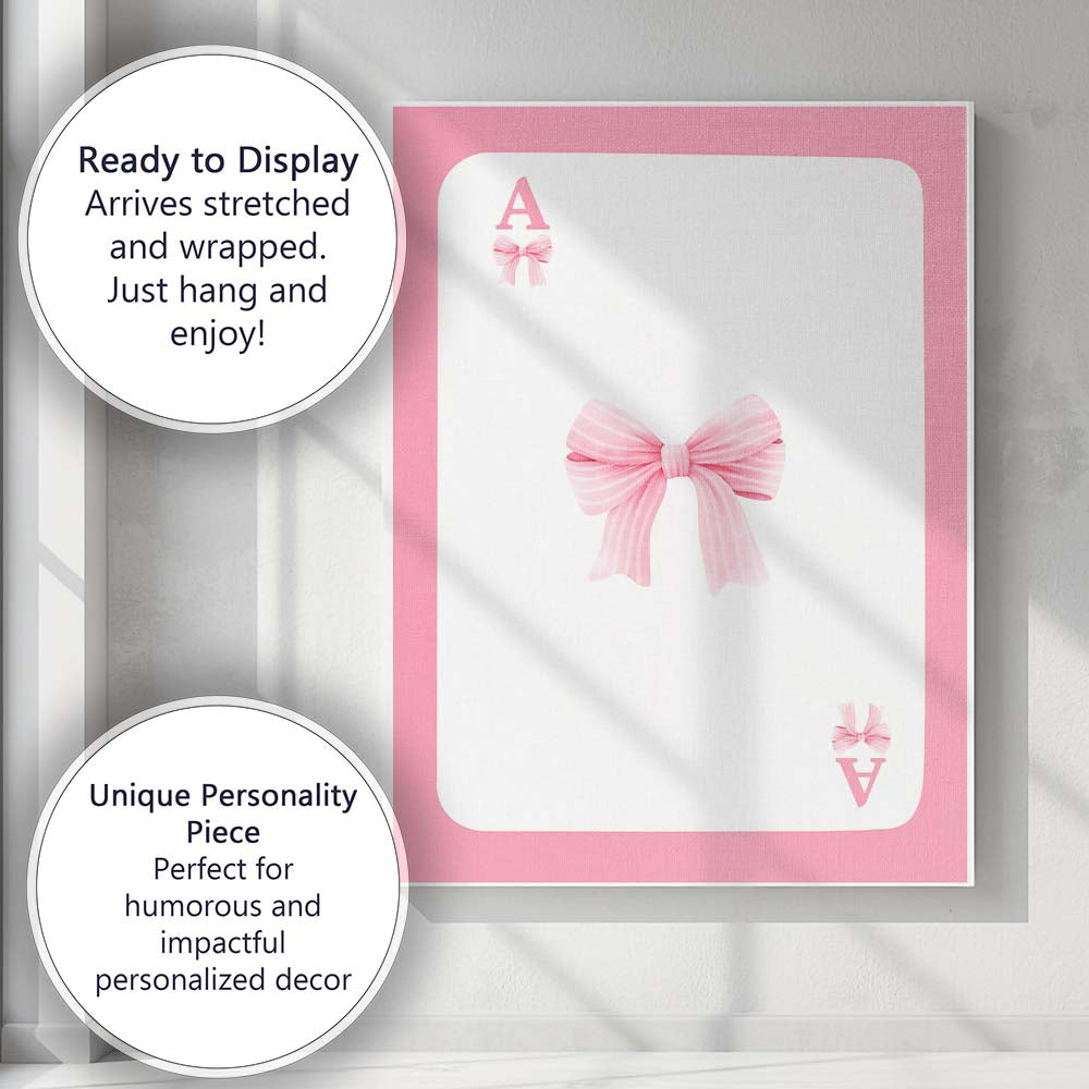 Pink Playing Card Striped Bow Minimalist Coquette Canvas Wall Art Print Decor Picture Ready to Hang