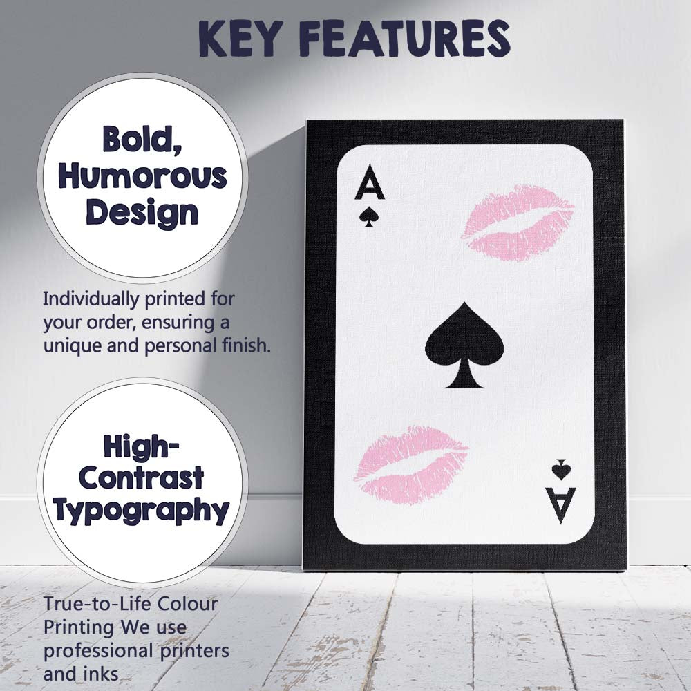 Pink Lip Print Ace of Spades Playing Card Coquette Canvas Wall Art Print Decor Picture Ready to Hang