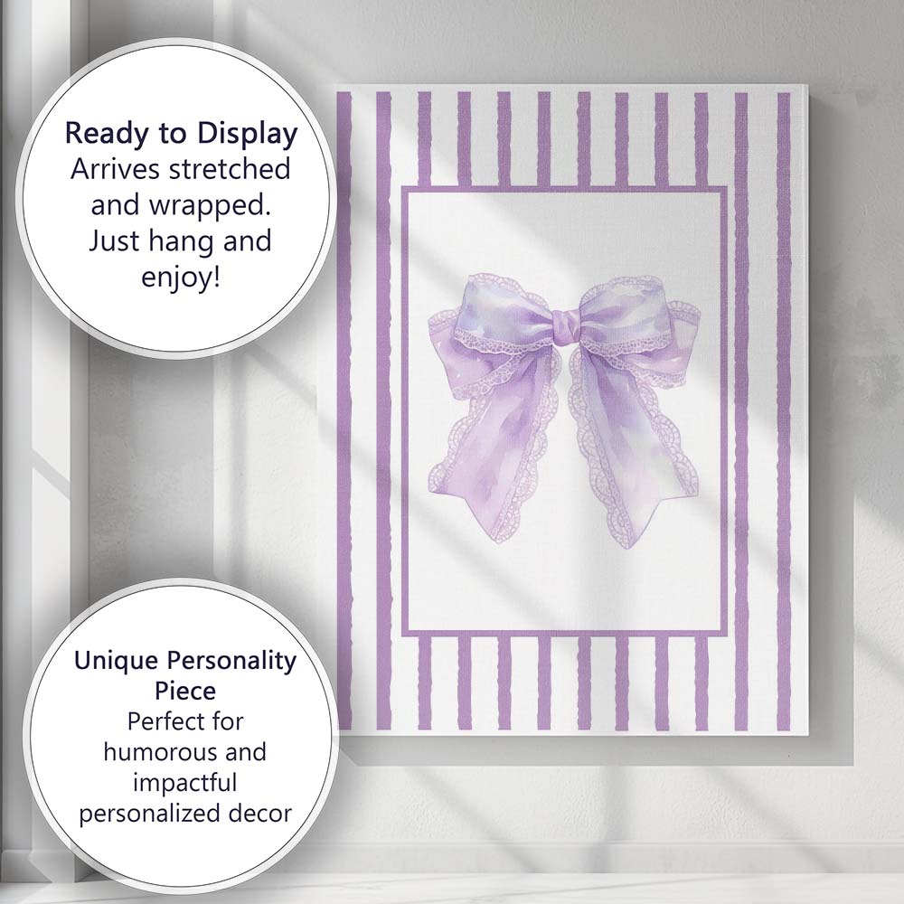 Pastel Lavender Lace Ribbon Bow Striped Coquette Canvas Wall Art Print Decor Picture Ready to Hang