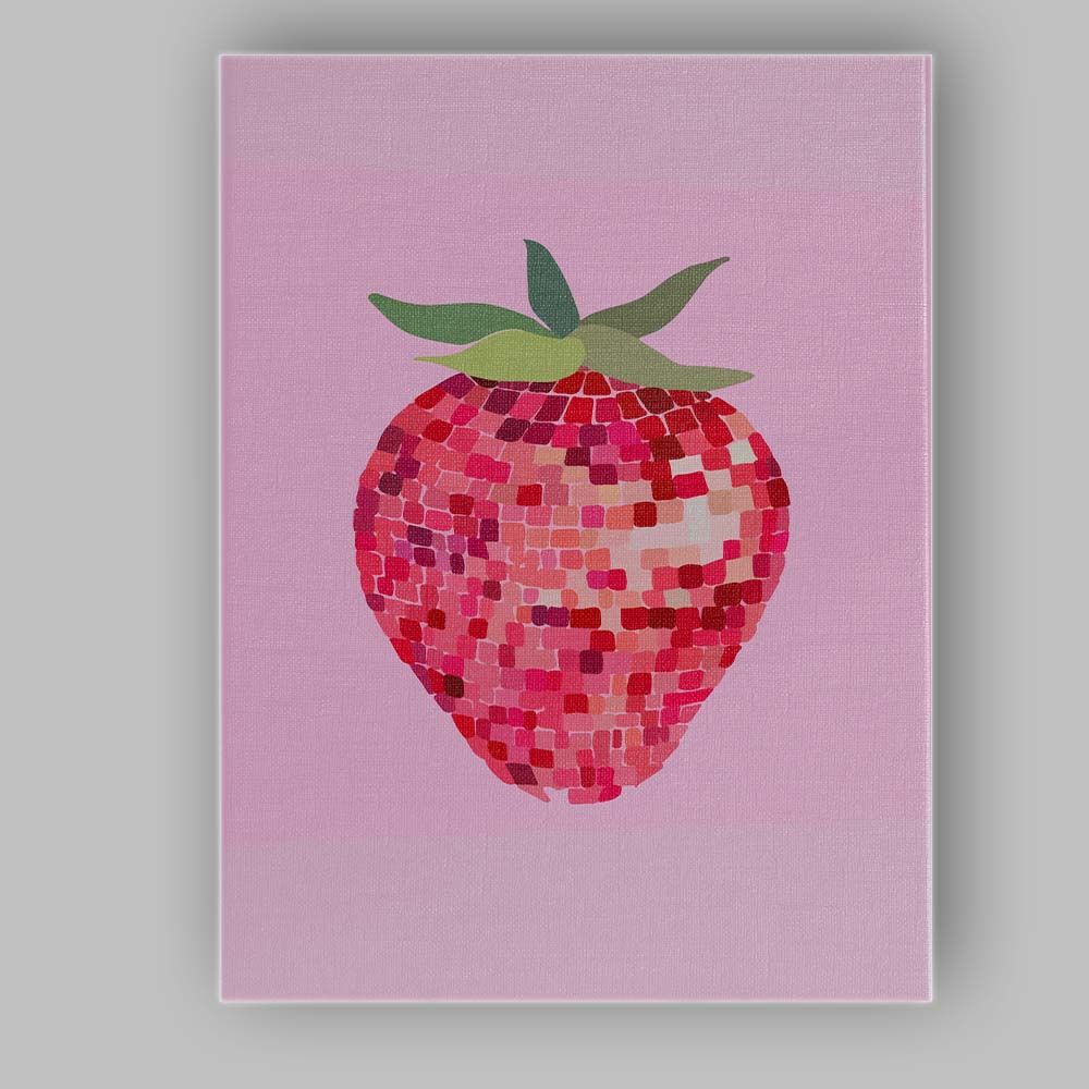 Pink Mosaic Strawberry Modern Fruit Illustration Canvas Wall Art Print Decor Picture Ready to Hang