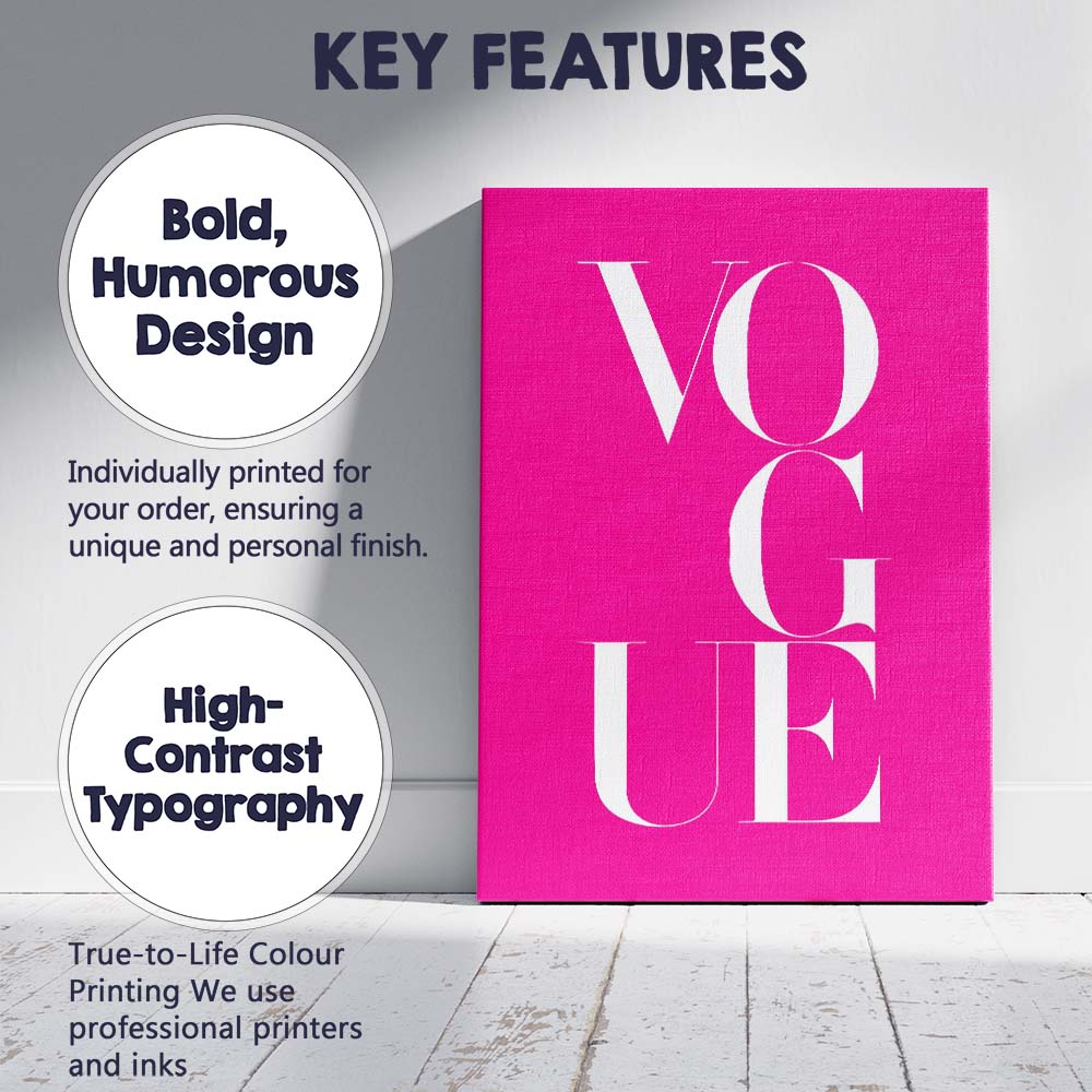 Hot Pink Vogue Fashion Typography Minimalist Canvas Wall Art Print Decor Picture Ready to Hang