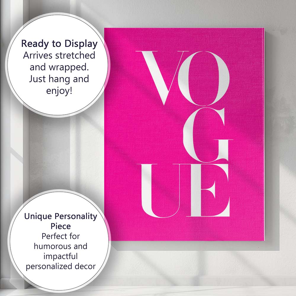 Hot Pink Vogue Fashion Typography Minimalist Canvas Wall Art Print Decor Picture Ready to Hang