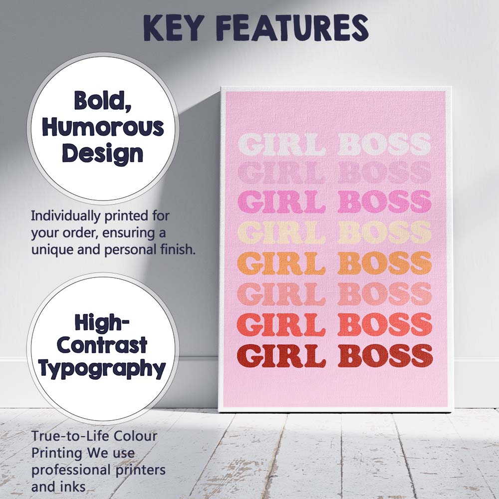 Retro Pink Girl Boss Gradient Typography Canvas Wall Art Print Decor Picture Ready to Hang