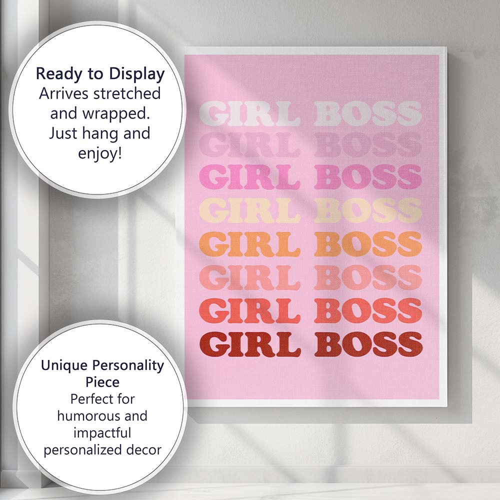 Retro Pink Girl Boss Gradient Typography Canvas Wall Art Print Decor Picture Ready to Hang