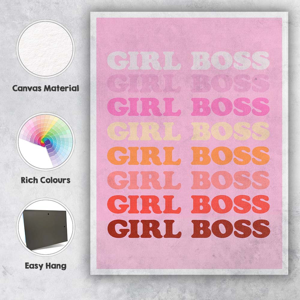 Retro Pink Girl Boss Gradient Typography Canvas Wall Art Print Decor Picture Ready to Hang