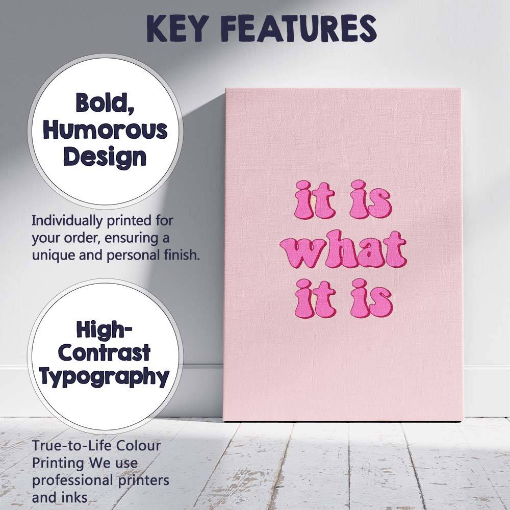 Pink Bubble Typography It Is What It Is Quote Canvas Wall Art Print Decor Picture Ready to Hang