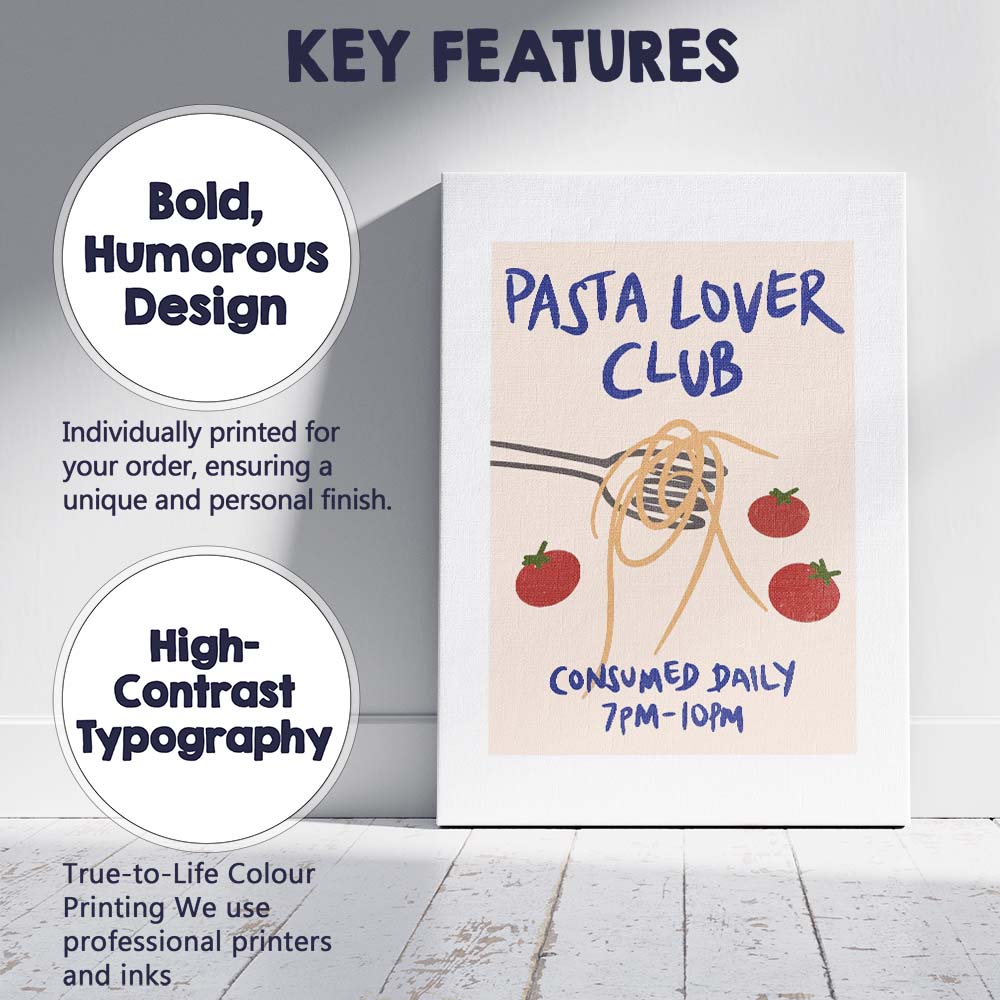 Pasta Lover Club Spaghetti Tomato Kitchen Illustration Canvas Wall Art Print Decor Picture Ready to Hang