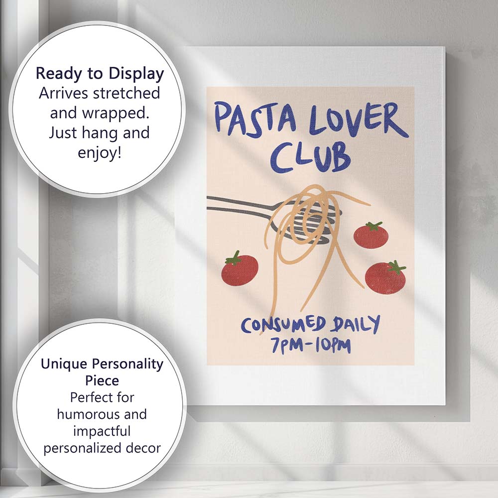 Pasta Lover Club Spaghetti Tomato Kitchen Illustration Canvas Wall Art Print Decor Picture Ready to Hang