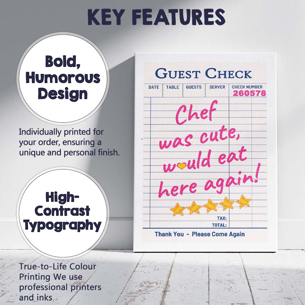 Guest Check Restaurant Review Typography Pink Retro Poster Canvas Wall Art Print Decor Picture Ready to Hang