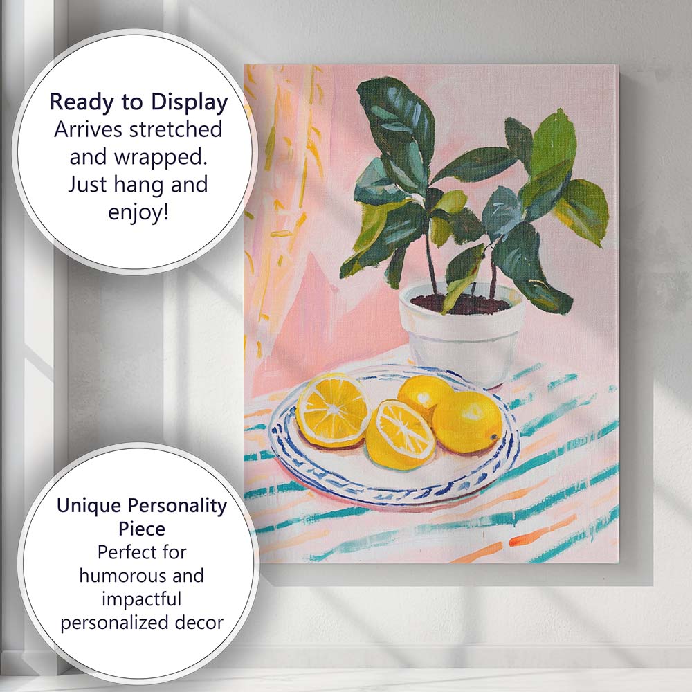 Pink Lemon Still Life Botanical Plant Oil Painting Canvas Wall Art Print Decor Picture Ready to Hang