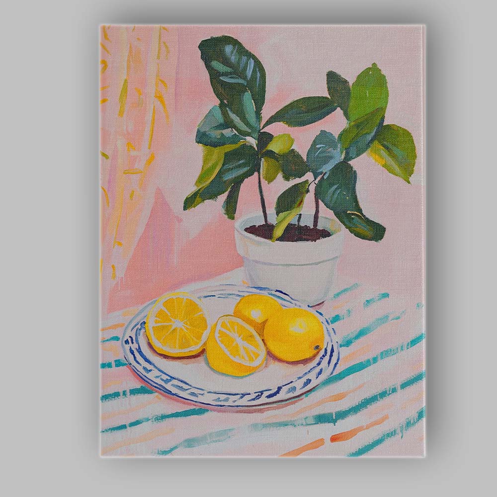 Pink Lemon Still Life Botanical Plant Oil Painting Canvas Wall Art Print Decor Picture Ready to Hang