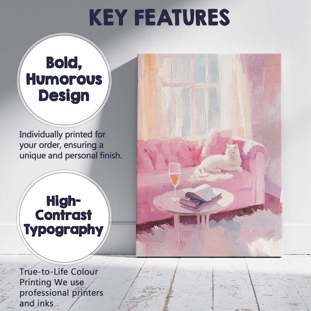 Cosy Pink Living Room White Cat Oil Painting Canvas Wall Art Print Decor Picture Ready to Hang