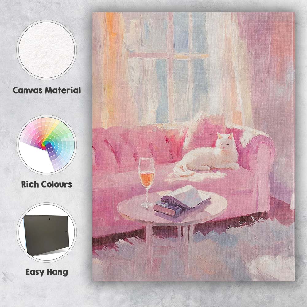 Cosy Pink Living Room White Cat Oil Painting Canvas Wall Art Print Decor Picture Ready to Hang