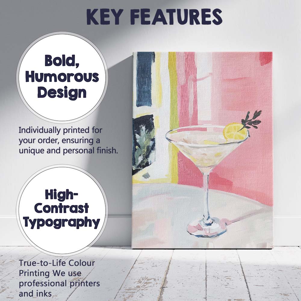 Pink Lemon Martini Cocktail Still Life Oil Painting Canvas Wall Art Print Decor Picture Ready to Hang