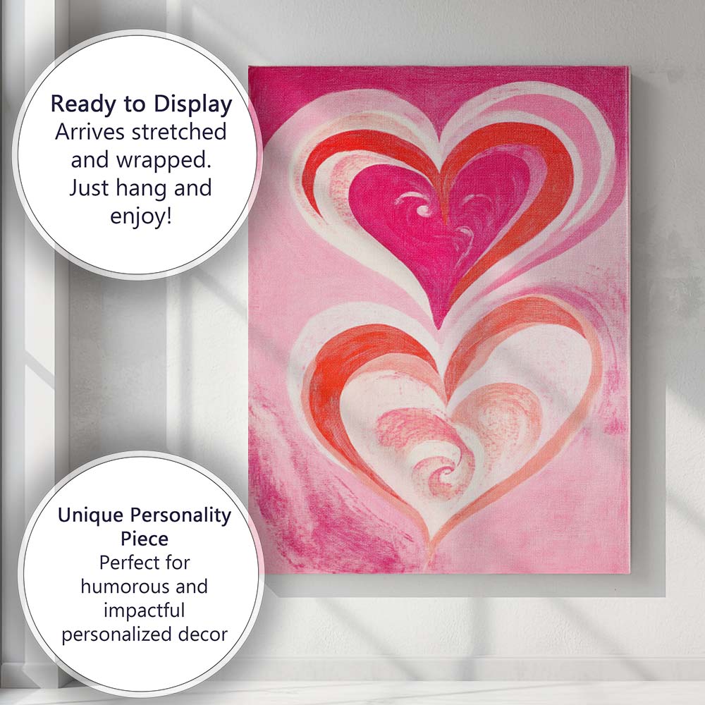 Pink Red Abstract Double Heart Romantic Painting Canvas Wall Art Print Decor Picture Ready to Hang