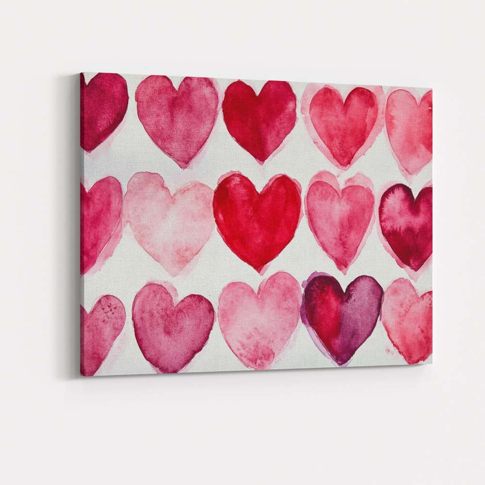 Watercolour Pink Red Heart Repeat Pattern Canvas Wall Art Print Decor Picture Ready to Hang