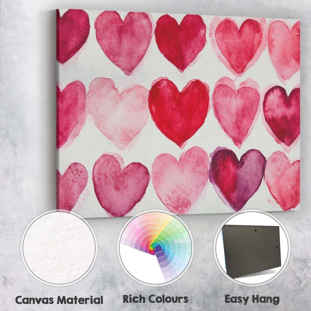 Watercolour Pink Red Heart Repeat Pattern Canvas Wall Art Print Decor Picture Ready to Hang