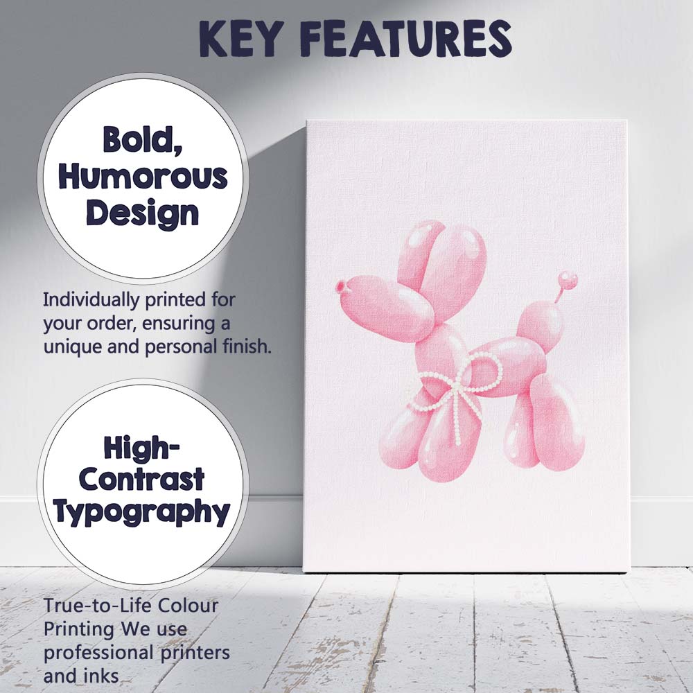 Cute Pink Balloon Dog With Pearl Bow Canvas Wall Art Print Decor Picture Ready to Hang