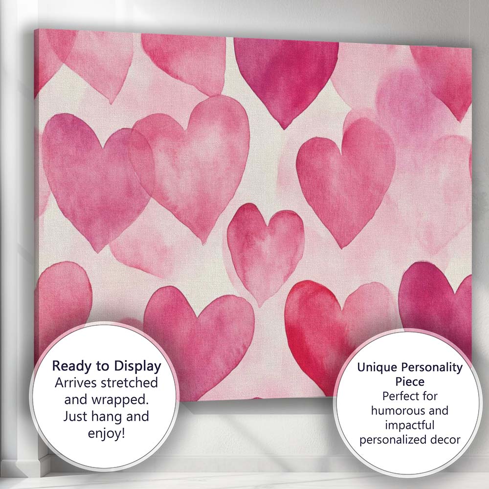 Watercolour Pink Heart Repeat Pattern Canvas Wall Art Print Decor Picture Ready to Hang