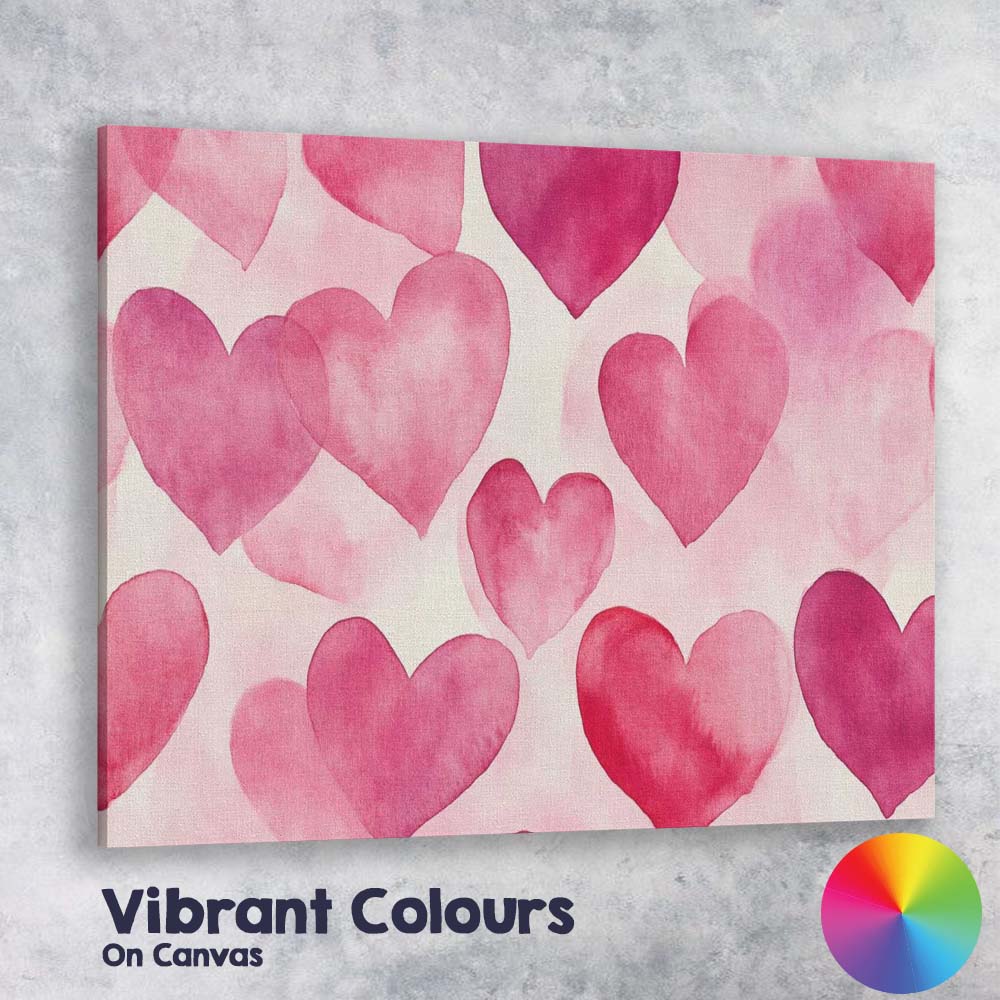Watercolour Pink Heart Repeat Pattern Canvas Wall Art Print Decor Picture Ready to Hang