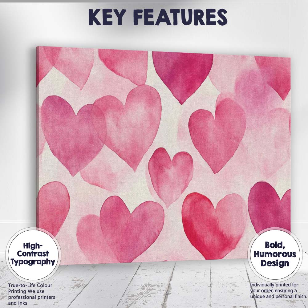 Watercolour Pink Heart Repeat Pattern Canvas Wall Art Print Decor Picture Ready to Hang