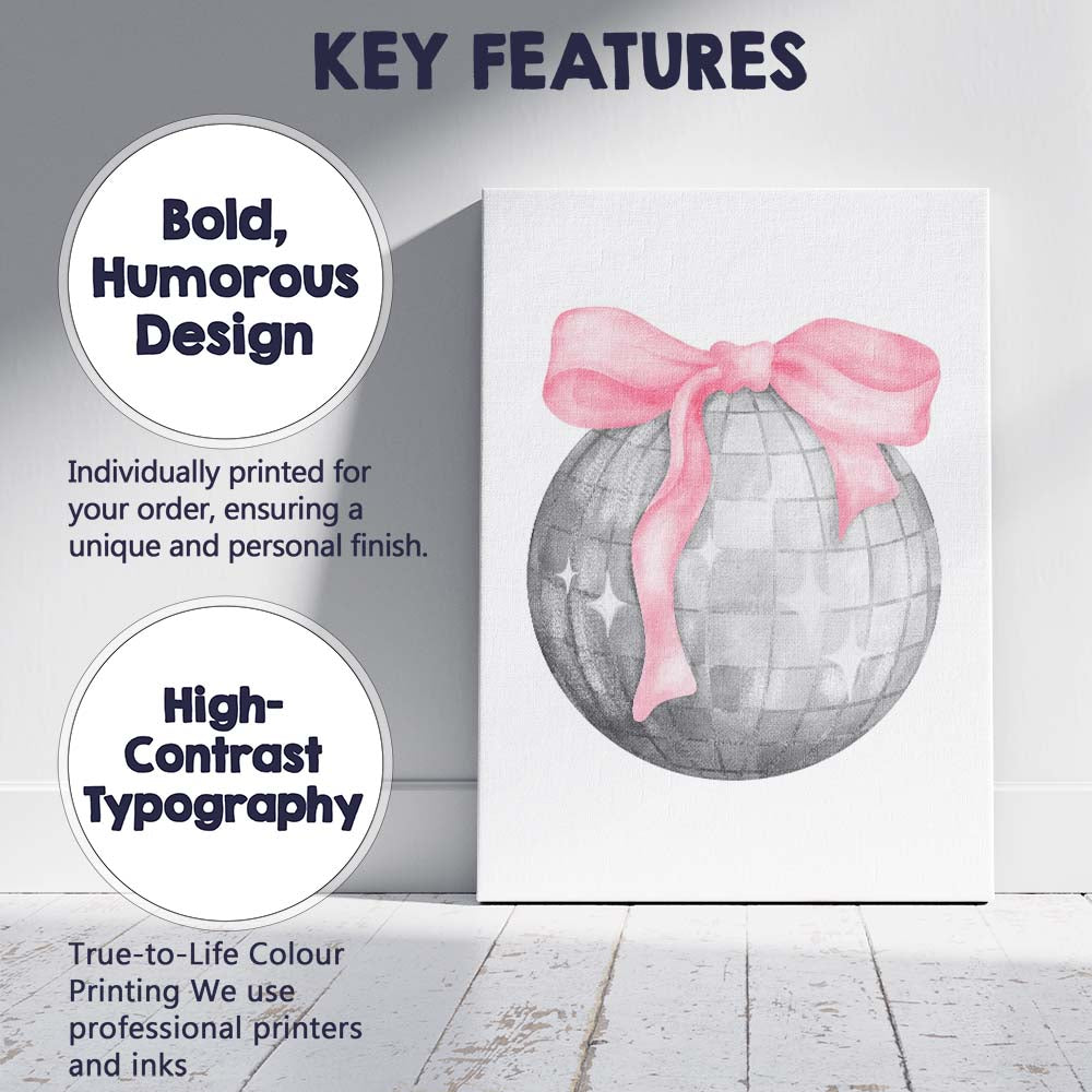 Silver Disco Ball With Pink Ribbon Bow Canvas Wall Art Print Decor Picture Ready to Hang