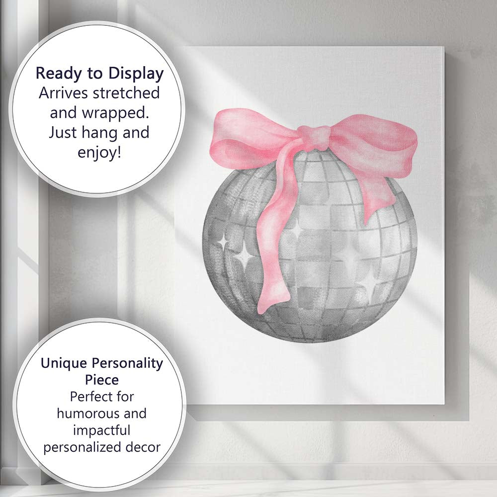 Silver Disco Ball With Pink Ribbon Bow Canvas Wall Art Print Decor Picture Ready to Hang