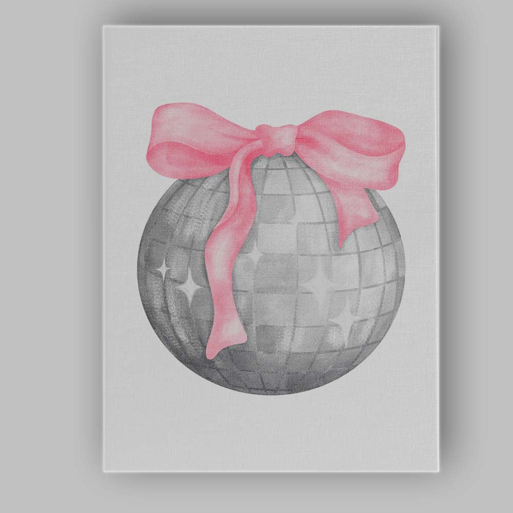 Silver Disco Ball With Pink Ribbon Bow Canvas Wall Art Print Decor Picture Ready to Hang