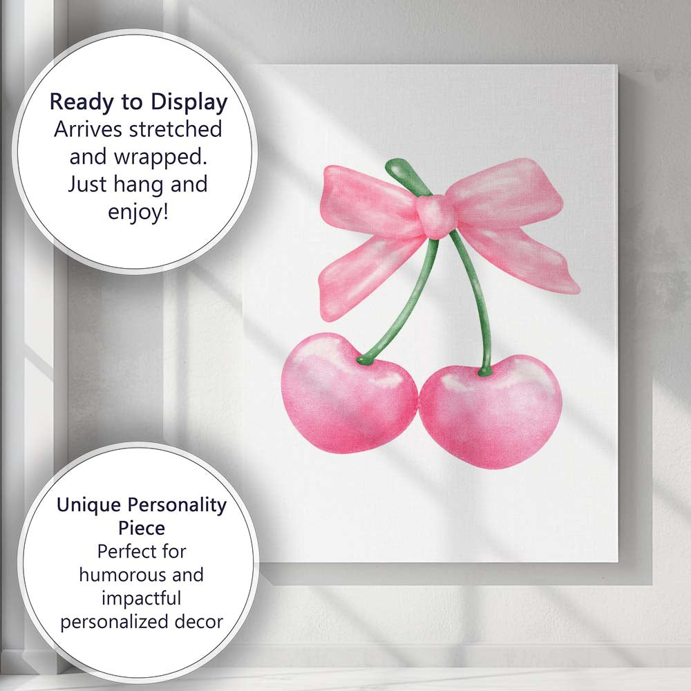 Watercolour Pink Cherries With Ribbon Bow Illustration Canvas Wall Art Print Decor Picture Ready to Hang