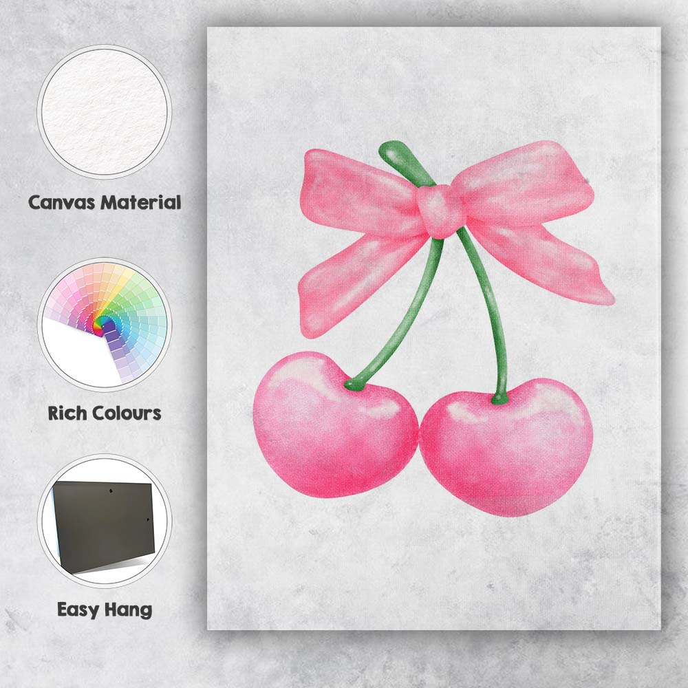 Watercolour Pink Cherries With Ribbon Bow Illustration Canvas Wall Art Print Decor Picture Ready to Hang
