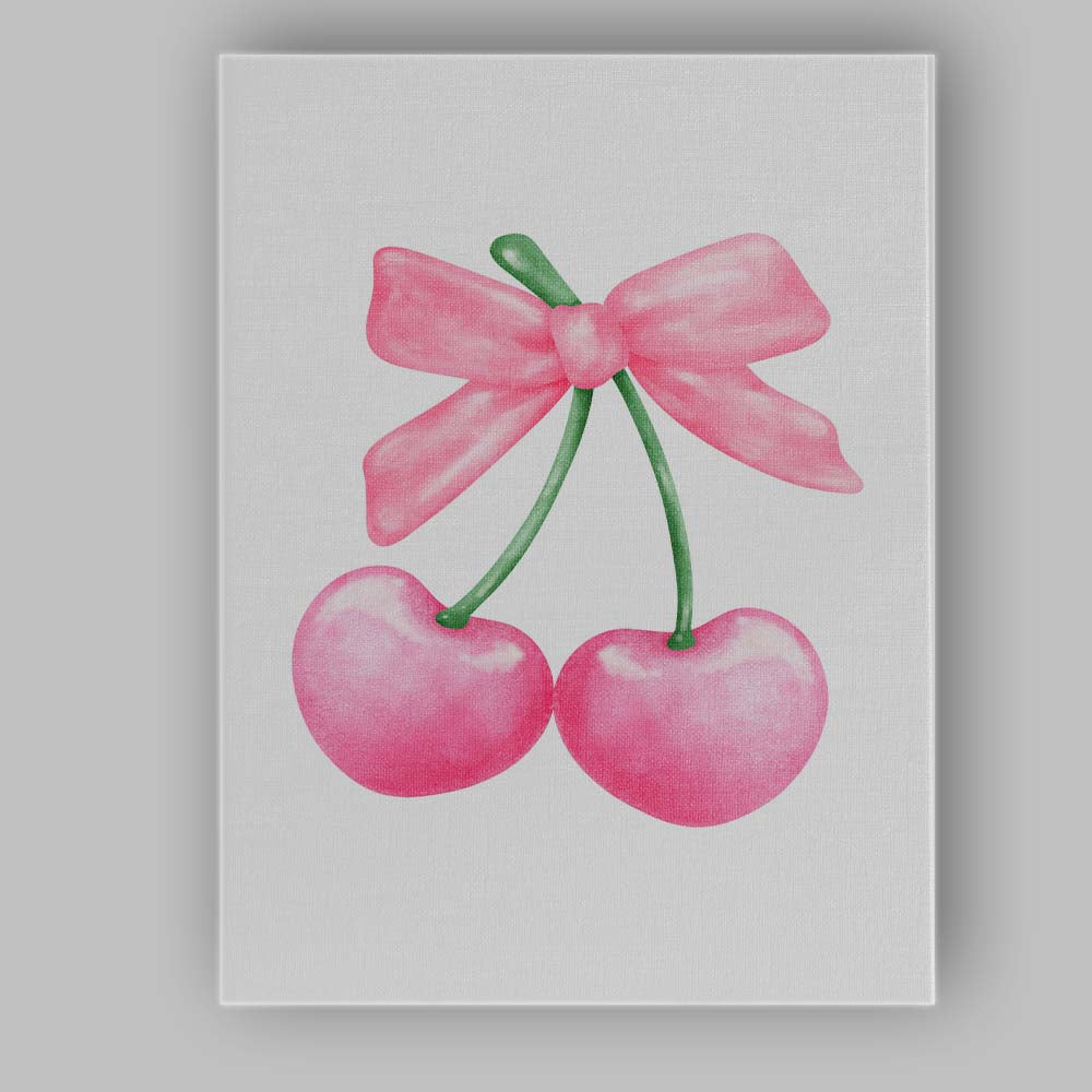 Watercolour Pink Cherries With Ribbon Bow Illustration Canvas Wall Art Print Decor Picture Ready to Hang