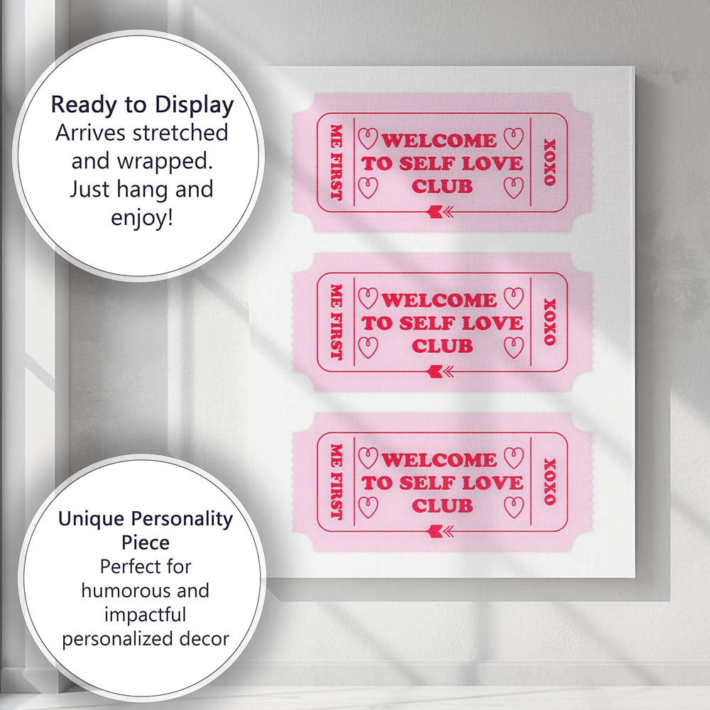 Welcome To Self Love Club Pink Ticket Typography Canvas Wall Art Print Decor Picture Ready to Hang
