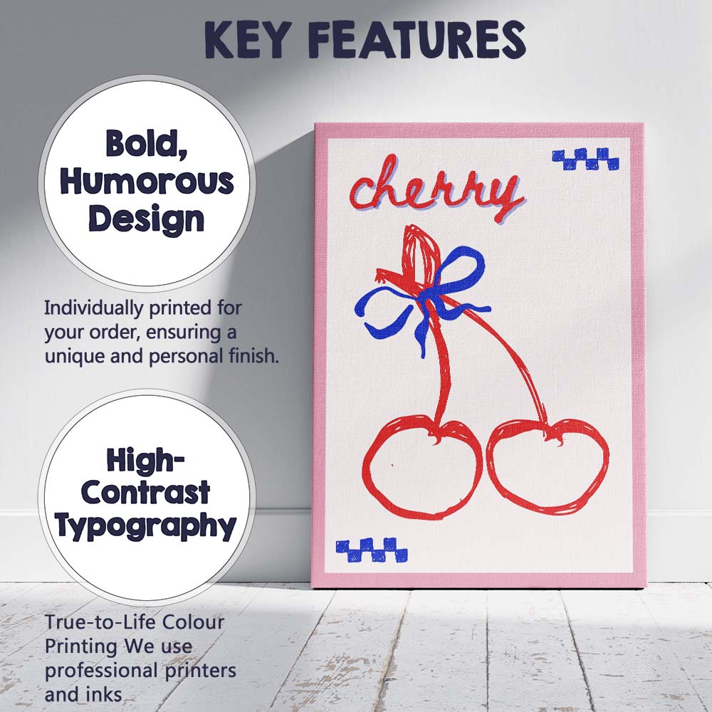Retro Cherry Bow Hand Drawn Typography Illustration Canvas Wall Art Print Decor Picture Ready to Hang