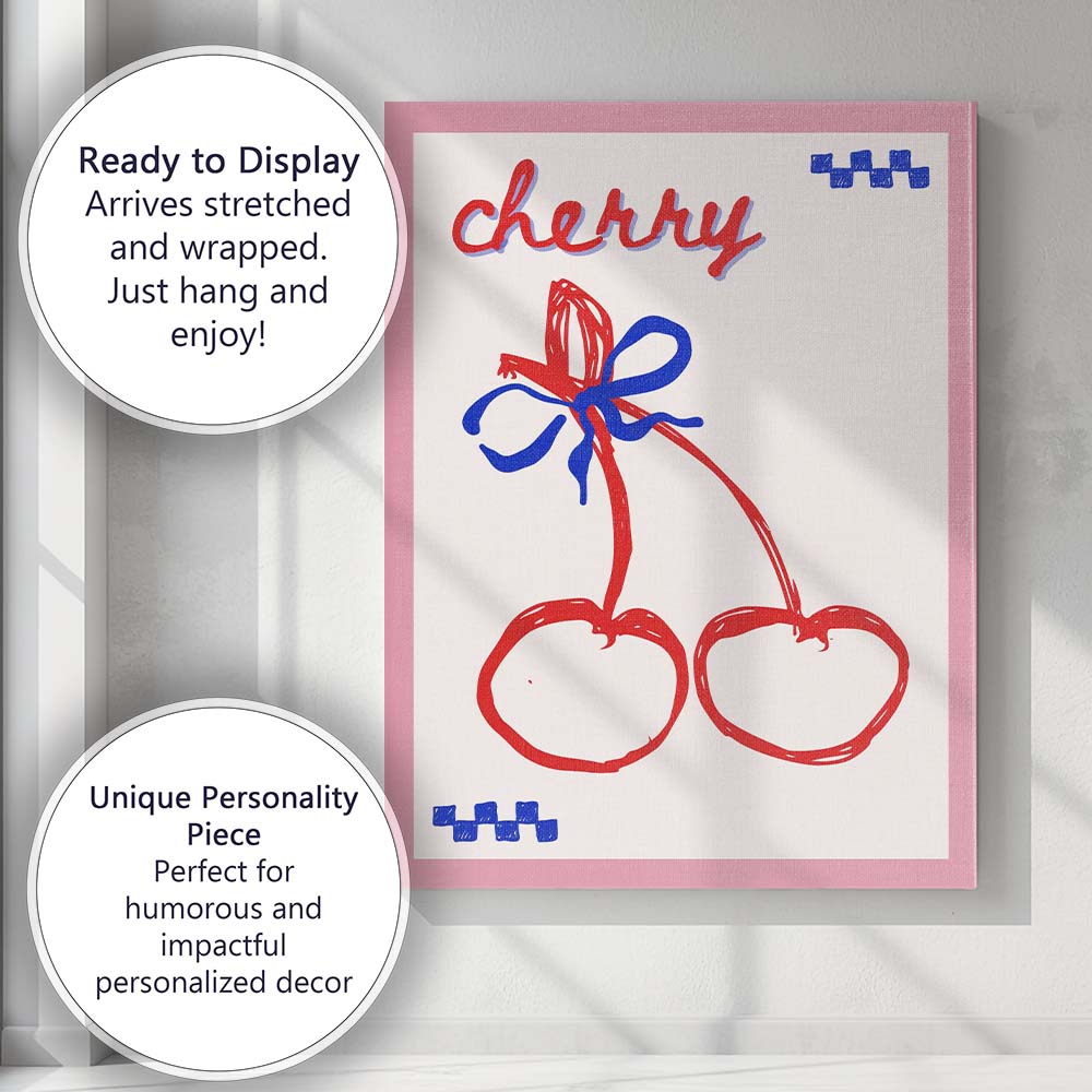 Retro Cherry Bow Hand Drawn Typography Illustration Canvas Wall Art Print Decor Picture Ready to Hang
