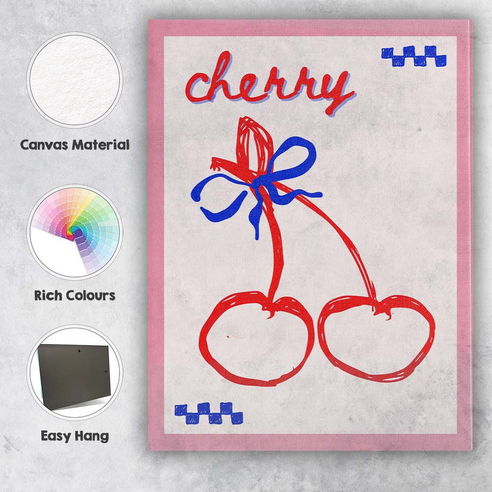 Retro Cherry Bow Hand Drawn Typography Illustration Canvas Wall Art Print Decor Picture Ready to Hang