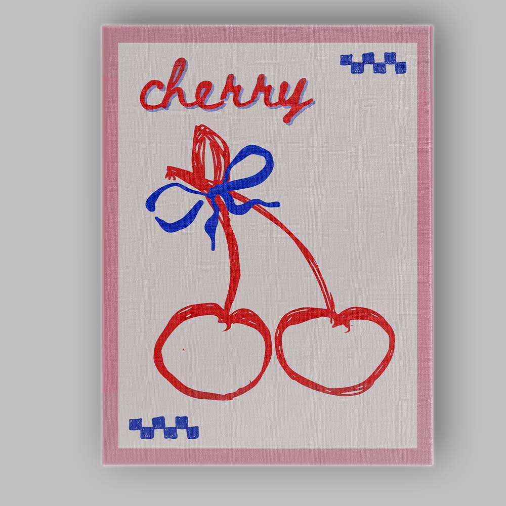 Retro Cherry Bow Hand Drawn Typography Illustration Canvas Wall Art Print Decor Picture Ready to Hang