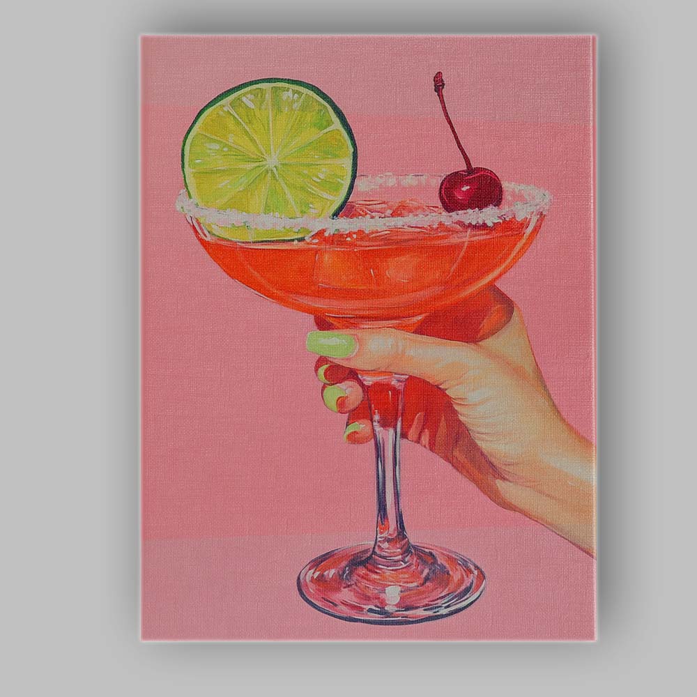 Pink Margarita Cocktail With Lime And Cherry Illustration Canvas Wall Art Print Decor Picture Ready to Hang