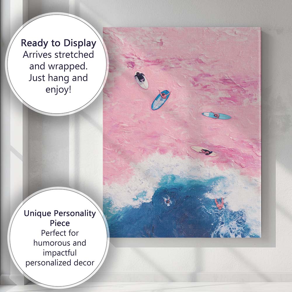 Pink Ocean Surfing Aerial Coastal Seascape Canvas Wall Art Print Decor Picture Ready to Hang