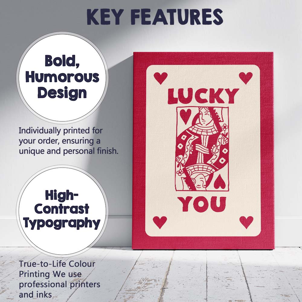 Lucky You Playing Card Love Typography Red Edition Canvas Wall Art Print Decor Picture Ready to Hang