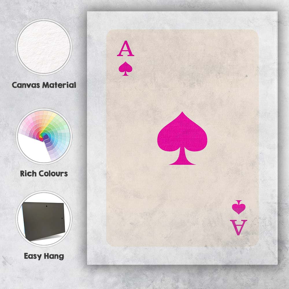 Minimalist Bright Pink Spade Playing Card Ace Illustration Canvas Wall Art Print Decor Picture Ready to Hang